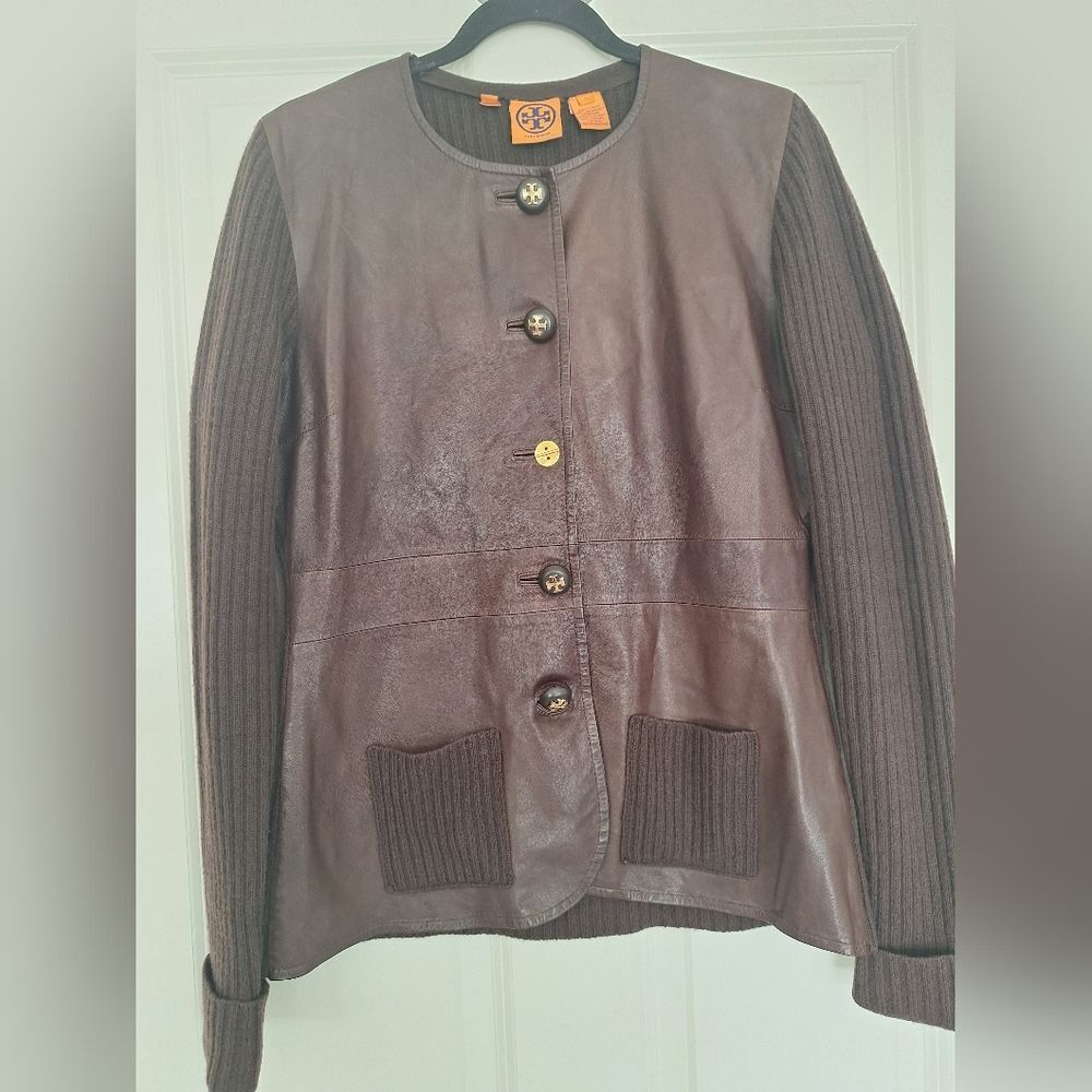 Tory Burch Brown Leather Cachemere Jacket Fitted Desing Size L